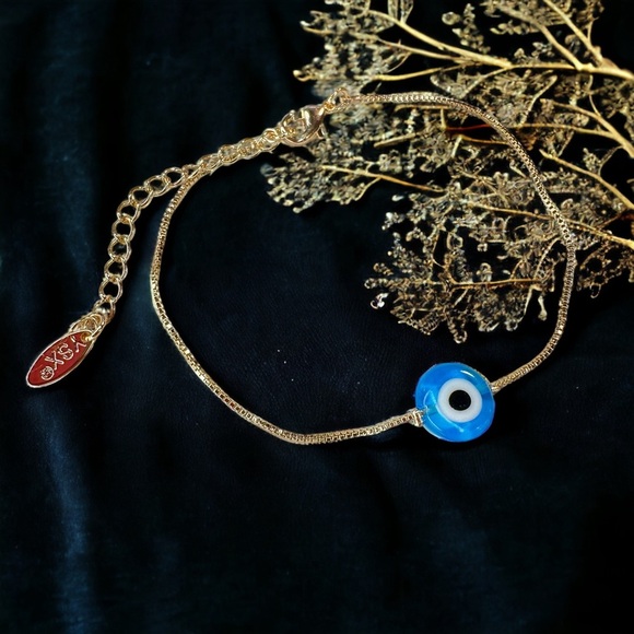 NEW Clear Turquoise Evil / Lucky Eye Minimalist Gold-Plated Box Chain Bracelet - Picture 1 of 12